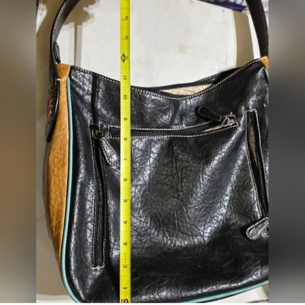 Woman's Black/Brown Leather- Like Purse With Flowers On Handles, Size 21x12x5 - Picture 7 of 12